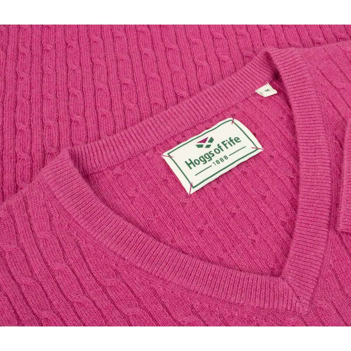 Hoggs of Fife Lauder Ladies Cable Pullover - pink v neck detail