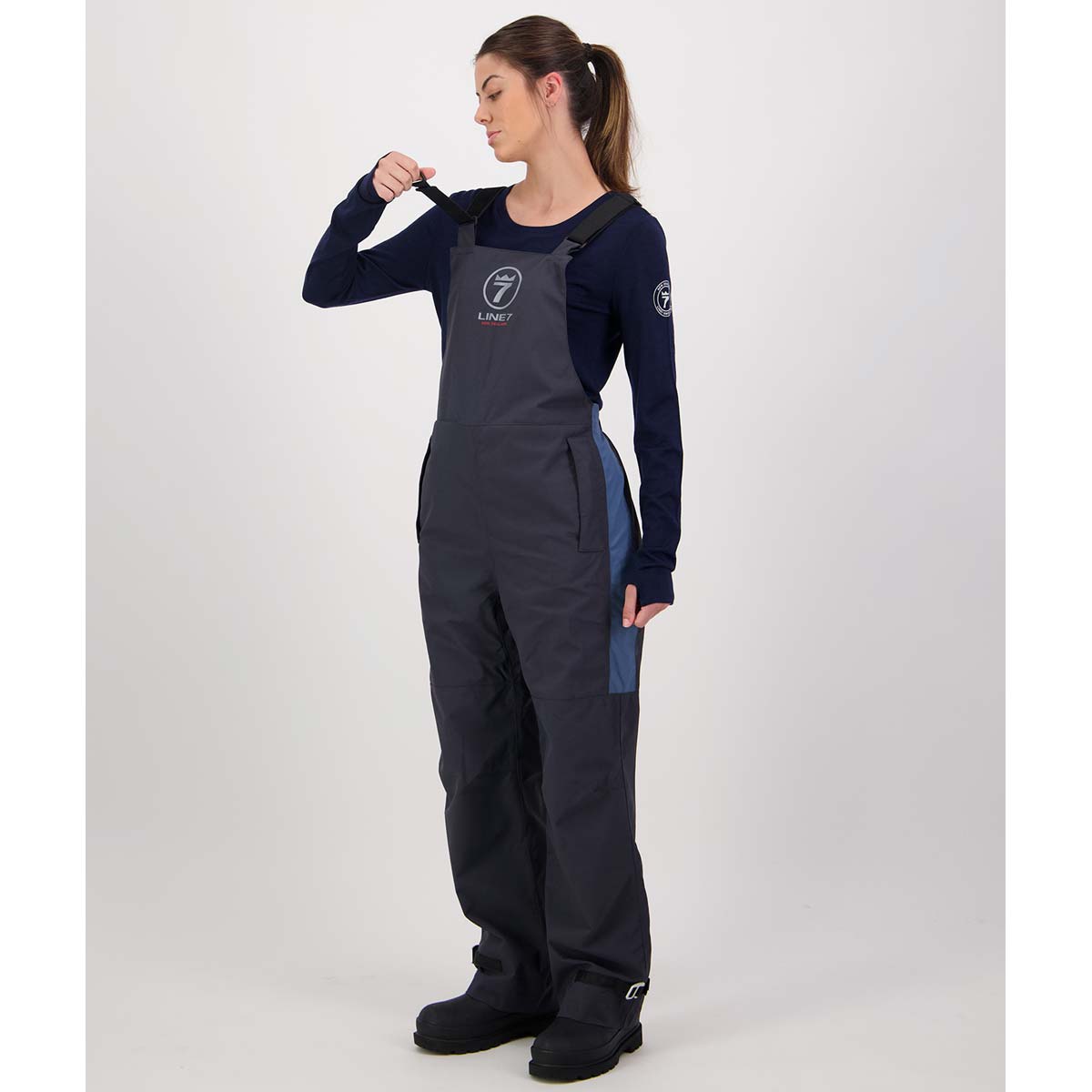 Line 7 Storm Armour10 Women's Waterproof 2 Layer Bib Overtrousers - On Model - Adjustable Shoulder straps